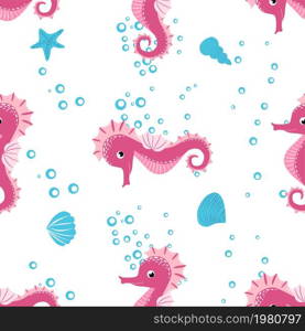 Seahorse, sea inhabitants seamless pattern, beautiful character among seashells, seaweed, starfish, marine wildlife.. Seahorse, sea inhabitants seamless pattern, beautiful character among seashells, seaweed, starfish, marine