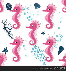 Seahorse, sea inhabitants seamless pattern, beautiful character among seashells, seaweed, starfish, marine wildlife.. Seahorse, sea inhabitants seamless pattern, beautiful character among seashells, seaweed, starfish, marine