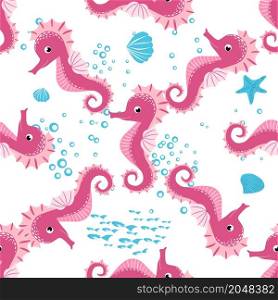 Seahorse, sea inhabitants seamless pattern, beautiful character among seashells, seaweed, starfish, marine wildlife.. Seahorse, sea inhabitants seamless pattern, beautiful character among seashells, seaweed, starfish, marine