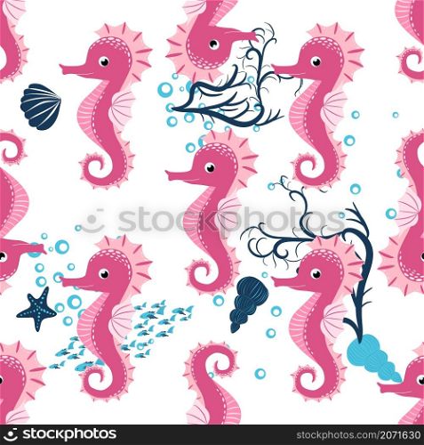Seahorse, sea inhabitants seamless pattern, beautiful character among seashells, seaweed, starfish, marine wildlife.. Seahorse, sea inhabitants seamless pattern, beautiful character among seashells, seaweed, starfish, marine