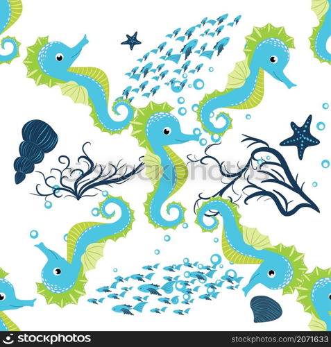 Seahorse, sea inhabitants seamless pattern, beautiful character among seashells, seaweed, starfish, marine wildlife.. Seahorse, sea inhabitants seamless pattern, beautiful character among seashells, seaweed, starfish, marine