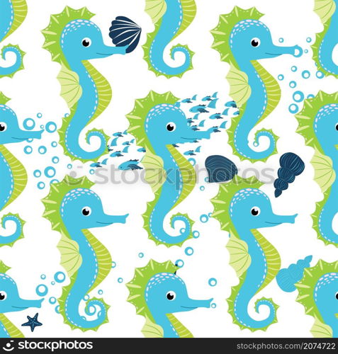 Seahorse, sea inhabitants seamless pattern, beautiful character among seashells, seaweed, starfish, marine wildlife.. Seahorse, sea inhabitants seamless pattern, beautiful character among seashells, seaweed, starfish, marine