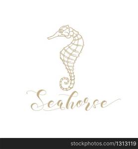 Seahorse vector logo for seafood store and fish market shop. Marine seahorse and starfish of premium quality stars with golden calligraphy in thin line drawing art design and pencil hatching style. Seahorse, starfish, seafood store and fish market