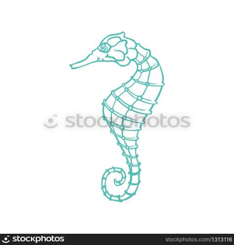 Seahorse vector sketch and thin line art aquatic animal with pencil hatching texture. Oceanairum and tropical aquarium fauna seahorse, underwater marine wildlife, hand drawn icon isolated on white. Sketch seahorse, oceanairum animal art line icon