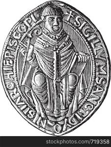Seal of the abbey of Saint-Denis (twelfth century), vintage engraved illustration. Industrial encyclopedia E.-O. Lami - 1875.