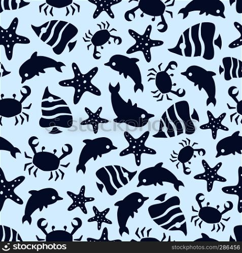 Sealife seamless pattern with fish, sea stars, crabs and dolphins. Background seamless pattern sea fish and starfish. Vector illustration. Sealife seamless pattern with fish, sea stars, crabs and dolphins