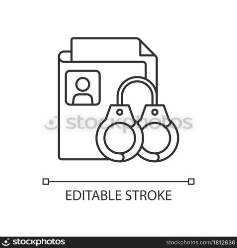 Sealing criminal records linear icon. Sensitive personal data. Criminal background check. Thin line customizable illustration. Contour symbol. Vector isolated outline drawing. Editable stroke. Sealing criminal records linear icon