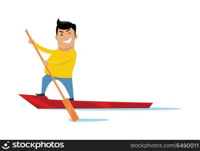 Sealing on Boat Concept Vector Illustration. Sealing on boat vector. Flat style design. Water sport and entertainment. Summer vacation, escape from civilization, journey to Venice concepts. Smiling man on boat with a paddle in hand sailing.
