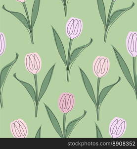 Seam≤ss pattern of tulips drawn in o≠li≠. Vector illustration isolated on green background.. Seam≤ss pattern of tulips drawn in o≠li≠. Vector illustration isolated on green background