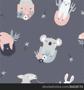 Seam≤ss pattern with adorab≤animals in pockets. Suitab≤for different pr∫s, nursery decoration, wrapπng paper, wallpaper, cloth design.. Seam≤ss pattern with adorab≤animals in pockets.