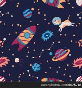 Seam≤ss vectorχldish space pattern. Rocket, pla≠ts, dog and stars on dark background. Kids design, backdrop for wallpaper, pr∫, texti≤, fabric, wrapπng.