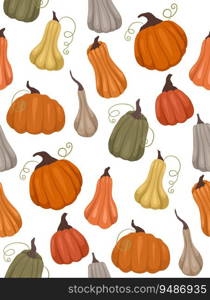 Seam≤ss vector rural pattern with various pumpkins on a white background. Farm texture with ve≥tab≤s for fabrics, wrapπng paper and your creativity. Seam≤ss vector rural pattern with various pumpkins on a white background. Farm texture with ve≥tab≤s