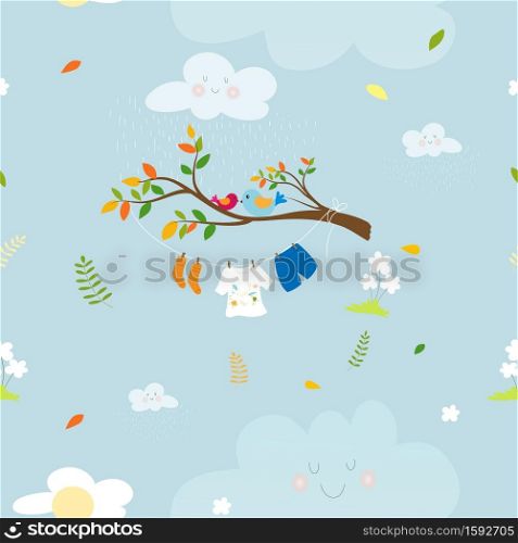 Seamaless spring nature with kids cloth hanging on string in rainy day and Birds standing on branch tree,Vector Cute pattern cartoon of Spring field on blue background, Spring or Summer time concept