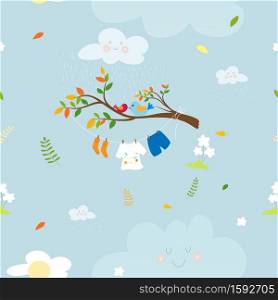 Seamaless spring nature with kids cloth hanging on string in rainy day and Birds standing on branch tree,Vector Cute pattern cartoon of Spring field on blue background, Spring or Summer time concept
