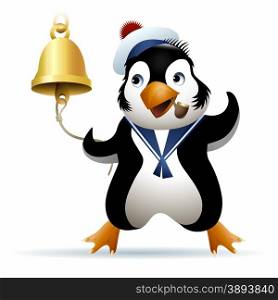 Seaman penguin in sailor cap rings a noon bell. Illustration drawn in cartoon style.