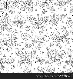 Seamess pattern with cartoon black and white butterflies. Vector illustration. Coloring book.