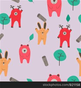 seamles pattern with cute animals in cartoon style.