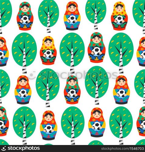 Seamles pattern with Russian Matrioshka, birch and football ball in flat style. Russia symbol with soccer ball. Traditional nesting doll Matreshka with football ball on white background. Vector. Seamles pattern with Russian Matrioshka, birch and football ball in flat style. Russia symbol with soccer ball. Traditional nesting doll Matreshka with football ball on white background.