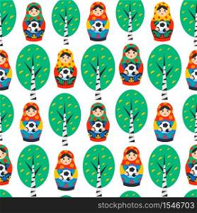 Seamles pattern with Russian Matrioshka, birch and football ball in flat style. Russia symbol with soccer ball. Traditional nesting doll Matreshka with football ball on white background. Vector. Seamles pattern with Russian Matrioshka, birch and football ball in flat style. Russia symbol with soccer ball. Traditional nesting doll Matreshka with football ball on white background.