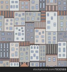 Seamless abstract architectural pattern with cartoon houses. Wallpaper, textile, fabric.