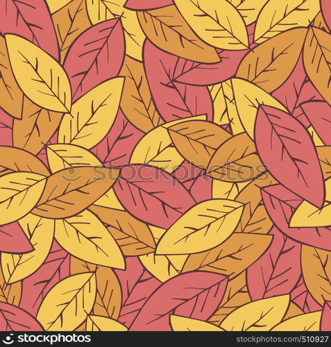 Seamless abstract autumn ackground with leaves. Vector background with red, orange and yellow falling autumn leaves.