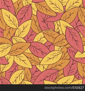 Seamless abstract autumn ackground with leaves. Vector background with red, orange and yellow falling autumn leaves.