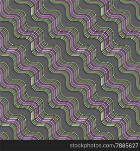 Seamless abstract background of 3d shapes with realistic shadow and cut out of paper effect. Modern 3D texture.Geometrical ornament with diagonal green and purple wavy lines.