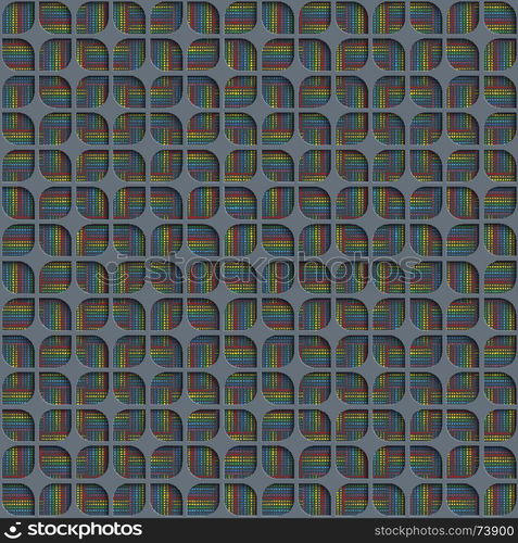 Seamless Abstract Geometric Pattern. 3d Gray Tile Surface With Rainbow Dots Of Different Sizes On The Bottom Layer. Frame Border Wallpaper. Elegant Repeating Vector Ornament