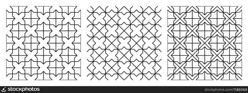 Seamless abstract geometric pattern based on traditional arabic art.Black and white average thickness lines.A set of three patterns.. Seamless abstract geometric pattern.Black and white average lines.A set of three patterns.