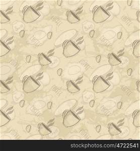 Seamless Abstract Grunge Pattern With Cup Of Coffee, Coffee Beans, Scrambled Eggs And Bread