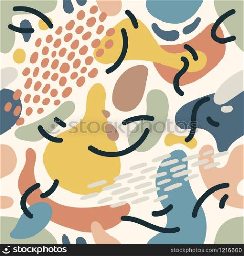 Seamless abstract pattern background with colorful elements. Trendy textile, fabric, wrapping. Surface design. Vector texture for your design. Simple modern texture with chaotic painted shapes.