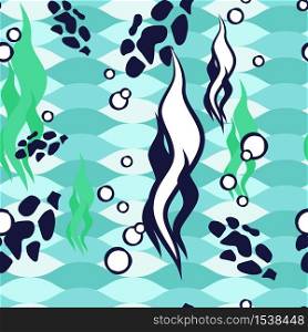 Seamless abstract pattern in a sea style. Geometric seaweed on a marine background. Seamless texture of the sea. Seamless abstract pattern in a sea style.