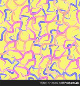 Seamless abstract pattern of watercolor bright shapes on a yellow background. Ideal for packaging, textiles, backgrounds, covers. Vector illustration.