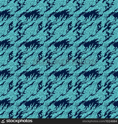 Seamless abstract pattern with chaotic wavy lines in muted blue color on the pale light background, hand drawing vector