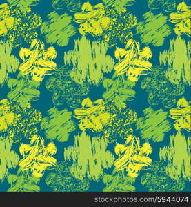 Seamless abstract pattern with grunge colorful flowers on green background.