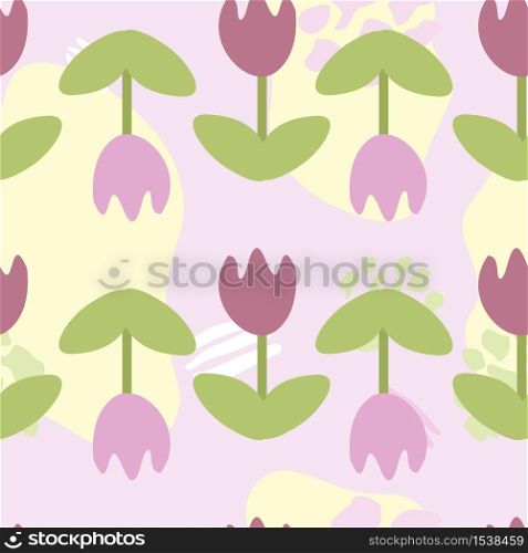 Seamless abstract pattern with purple tulips. Background of beautiful blooming tulips for fabric, paper, wrapping.. Seamless abstract pattern with purple tulips.