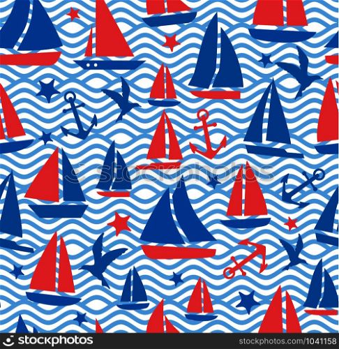 Seamless abstract sea background. Sailboats on a waves. Wavy striped seamless pattern.. Seamless abstract sea background. Sailboats on a waves. Vector wavy striped pattern.