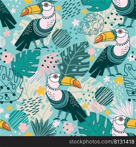 Seamless abstract tropical pattern with exotic plants and toucans in minimalism style. Vector background. Illustration of exotic plants and flowers. For cards, design, print, textile, wallpaper. Seamless pattern exotic plants and toucans vector illustration