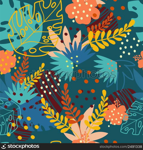 Seamless abstract tropical pattern with hand drawn elements in bright trendy colors. Vector background. Illustration of exotic plants and flowers. For card, poster, print, textile, wallpaper,bed linen. Seamless pattern abstract exotic plants and flowers bright