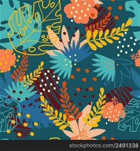 Seamless abstract tropical pattern with hand drawn elements in bright trendy colors. Vector background. Illustration of exotic plants and flowers. For card, poster, print, textile, wallpaper,bed linen. Seamless pattern abstract exotic plants and flowers bright