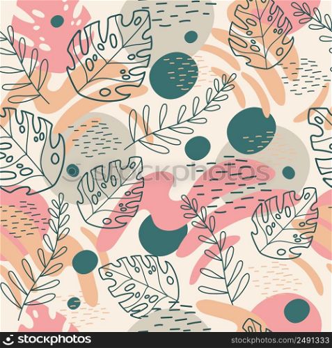 Seamless abstract tropical pattern with hand drawn elements in soft trendy colors. Vector background. Illustration of exotic plants and flowers. For cards, design, print, textile, wallpaper, bed linen. Seamless pattern abstract exotic plants and flowers soft