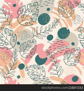 Seamless abstract tropical pattern with hand drawn elements in soft trendy colors. Vector background. Illustration of exotic plants and flowers. For cards, design, print, textile, wallpaper, bed linen. Seamless pattern abstract exotic plants and flowers soft