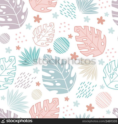 Seamless abstract tropical pattern with hand drawn elements in soft trendy colors. Vector background. Illustration of exotic plants and flowers. For cards, design, print, textile, wallpaper, bed linen. Seamless pattern abstract exotic plants soft colors