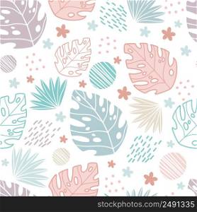 Seamless abstract tropical pattern with hand drawn elements in soft trendy colors. Vector background. Illustration of exotic plants and flowers. For cards, design, print, textile, wallpaper, bed linen. Seamless pattern abstract exotic plants soft colors
