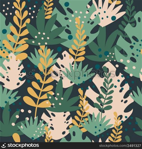 Seamless abstract tropical pattern with hand drawn elements in trendy colors. Vector background. Illustration of exotic plants and grass. For cards, posters, print, textile, wallpaper and bed linen. Seamless pattern abstract exotic plants and grass