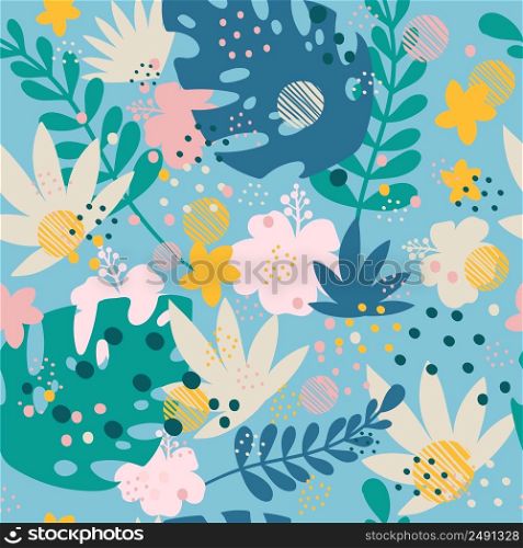 Seamless abstract tropical pattern with hand drawn elements in trendy colors. Vector background. Illustration of exotic plants and flowers. For cards, posters, print, textile, wallpaper and bed linen. Seamless pattern abstract exotic plants and flowers blue