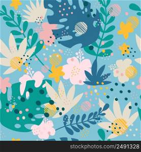 Seamless abstract tropical pattern with hand drawn elements in trendy colors. Vector background. Illustration of exotic plants and flowers. For cards, posters, print, textile, wallpaper and bed linen. Seamless pattern abstract exotic plants and flowers blue