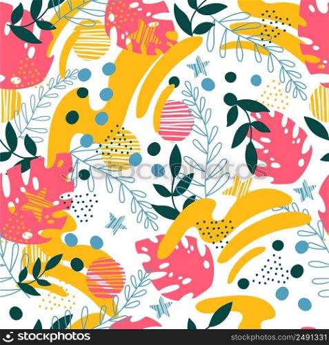 Seamless abstract tropical pattern with hand drawn elements in trendy colors. Vector background. Illustration of exotic plants and flowers. For cards, posters, print, textile, wallpaper and bed linen. Seamless pattern abstract exotic plants and flowers in trendy colors