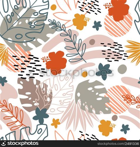 Seamless abstract tropical pattern with hand drawn elements in trendy colors. Vector background. Illustration of exotic plants and flowers. For cards, design, print, textile, wallpaper, bed linen. Seamless pattern trendy abstract exotic plants and flowers