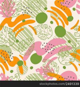 Seamless abstract tropical pattern with hand drawn elements in trendy colors. Vector background. Illustration of exotic plants and flowers. For cards, posters, print, textile, wallpaper and bed linen. Seamless pattern abstract exotic plants and flowers summer colors